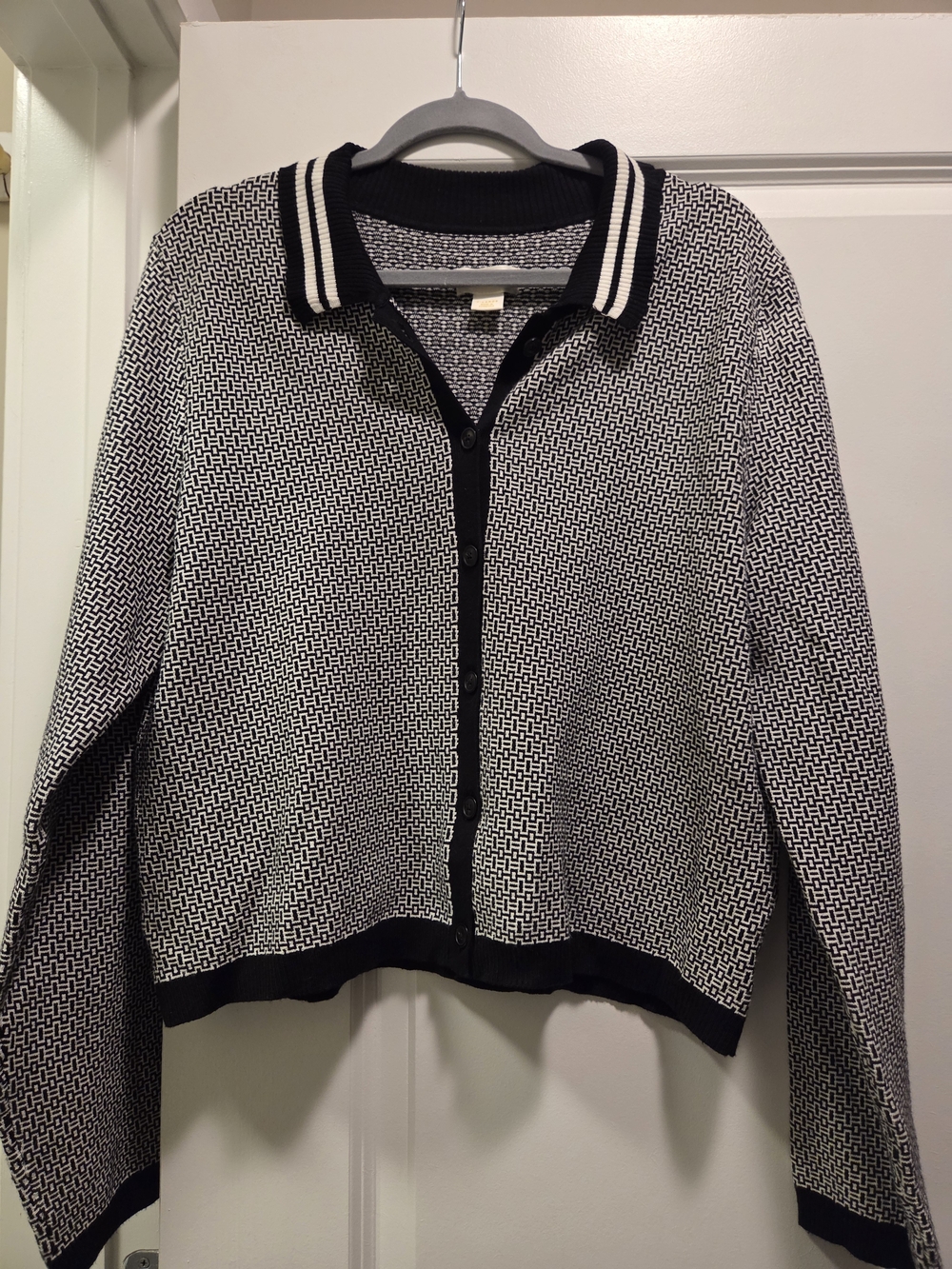 Maeve Anthropologie Black & White Knit Polo Cardigan XL